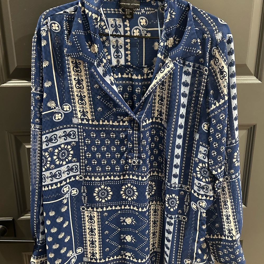 Blue Patterned Long Sleeve Blouse - image 1